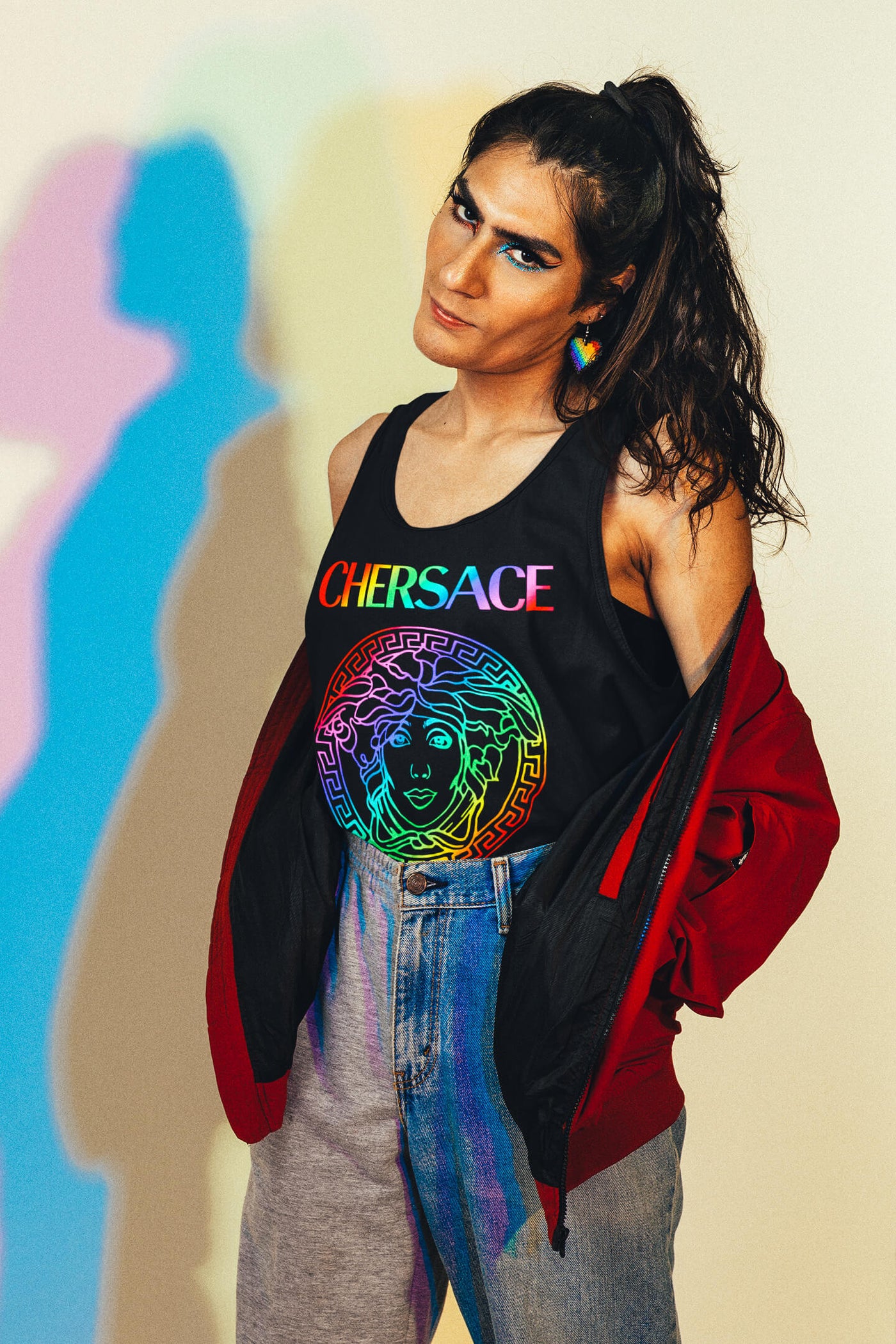 CHERSACE by Gllamazon scoop neck tank top featuring a trans woman wearing lgbt colored earrings