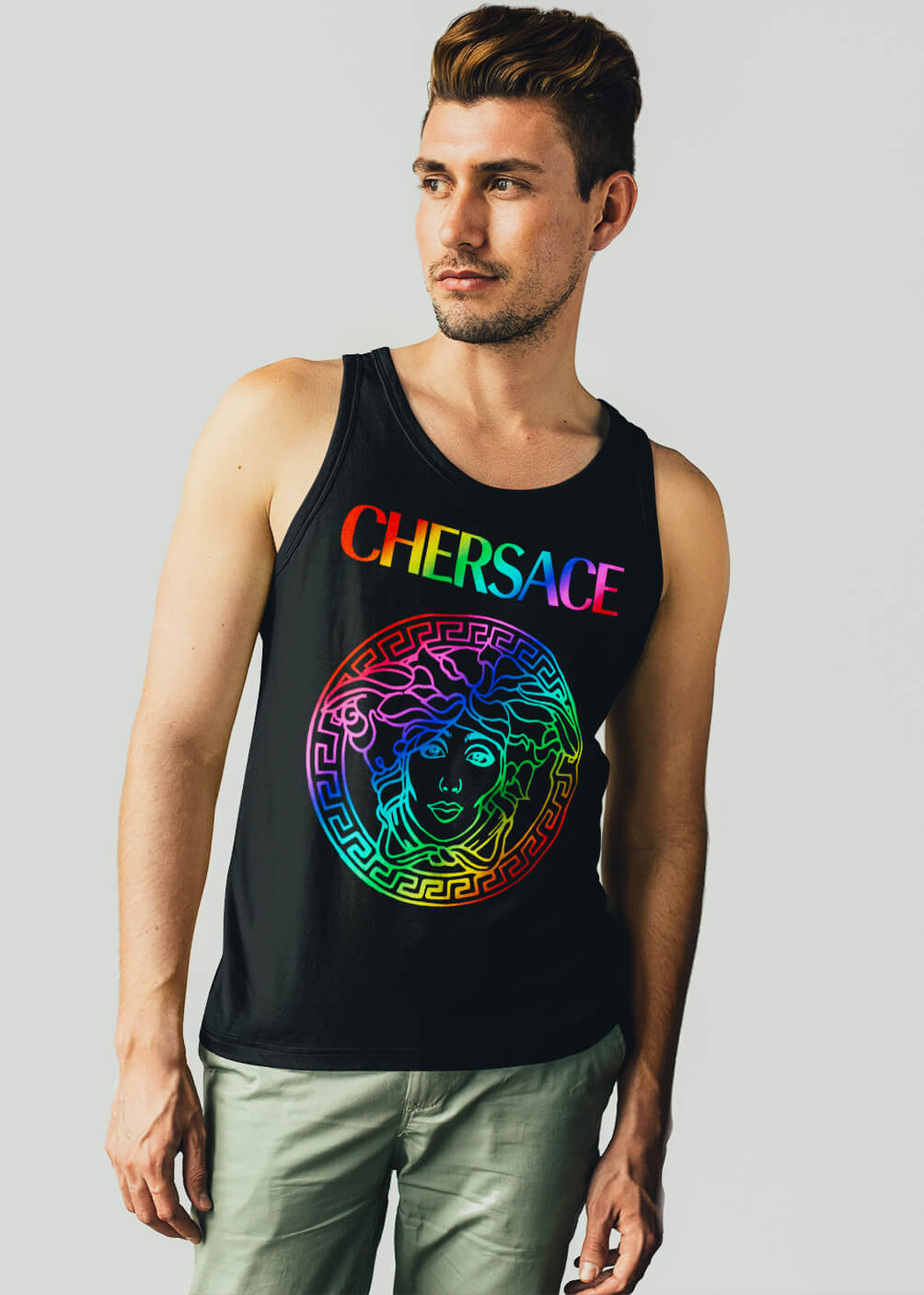 CHERSACE by Gllamazon tank top in a guy standing in front of a white wall