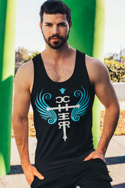 Muscular, bearded gay man wearing the Cher Fan Club Tank Top by Gllamazon.