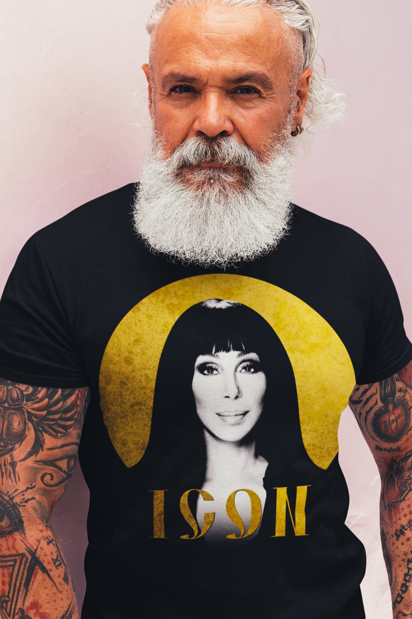 Tattooed bearded man wearing Gllamazon's Cher Icon Black T-Shirt