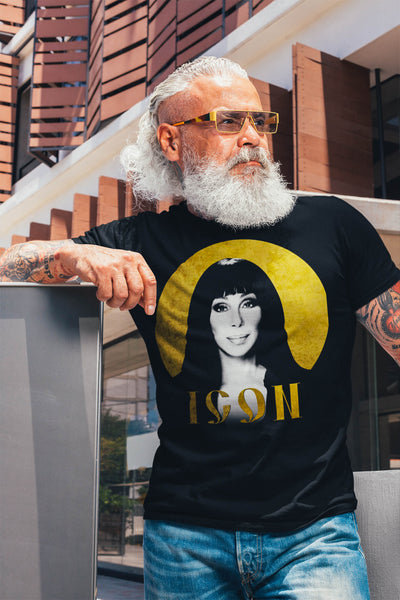 Tattooed bearded man wearing Gllamazon's Cher Icon Black T-Shirt