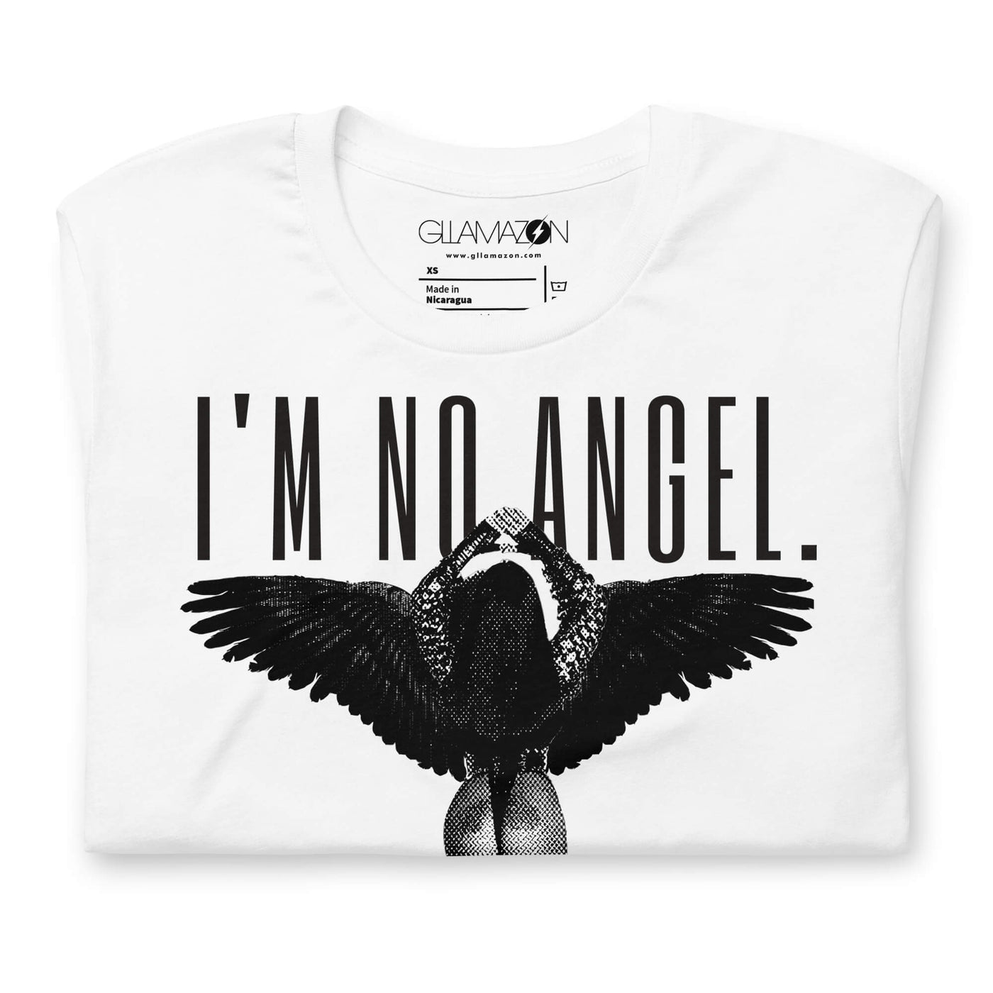 A white unisex graphic t-shirt with a 'Cher Gregg Allman I'm No Angel' design by Gllamazon, presented in a front view with the shirt folded.