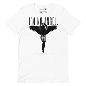 A white unisex graphic t-shirt featuring 'Cher Gregg Allman I'm No Angel' design by Gllamazon, displayed in a front view.