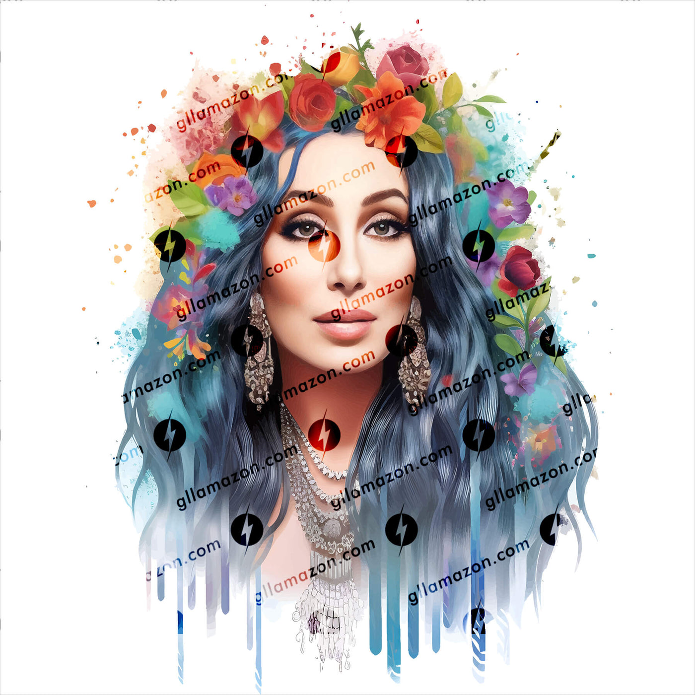 Preview of the design featured on Gllamazon's Cher-ry Blossom Cher T-shirt. Color: White.