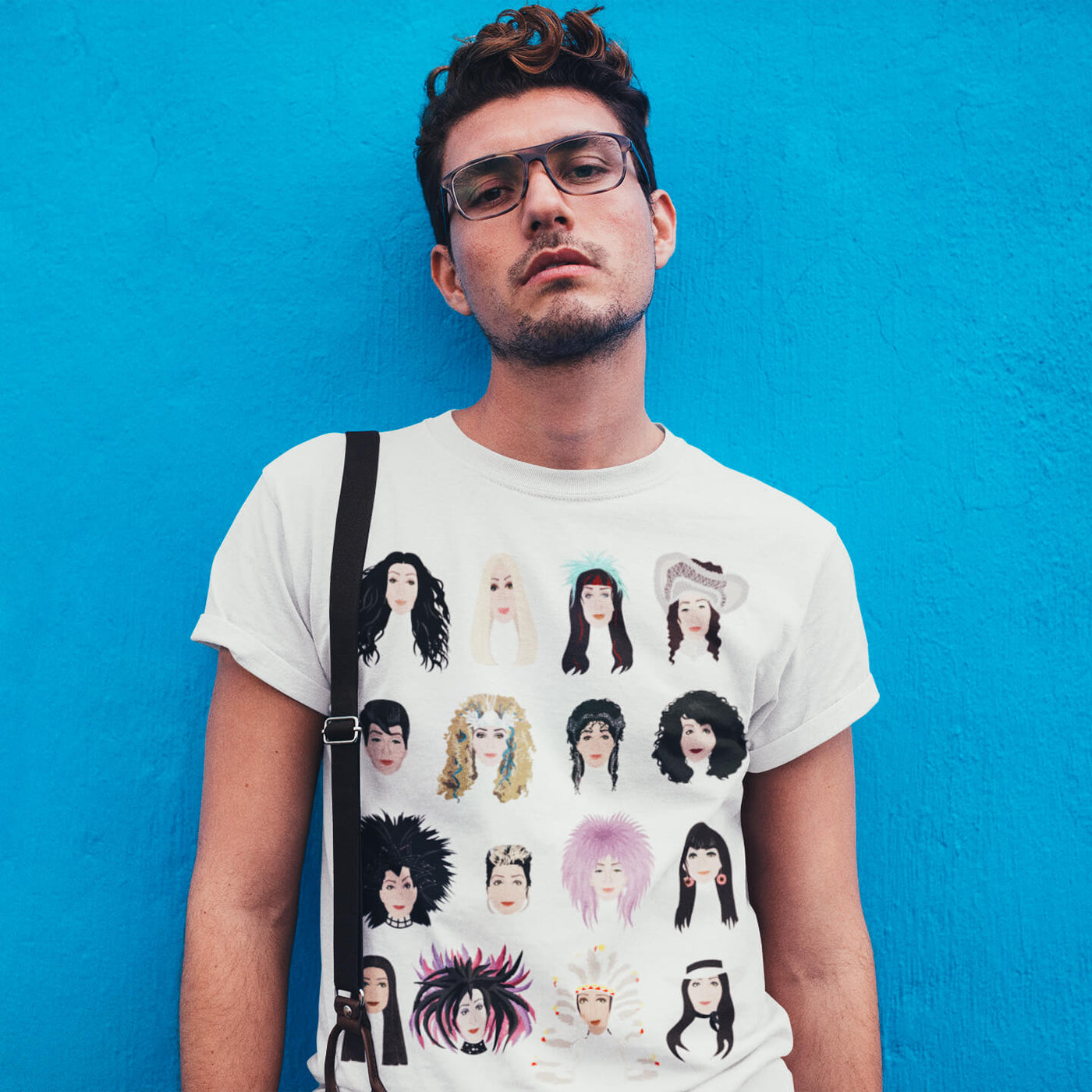 Hipster guy wearing suspenders and Gllamazon's Turn Back Time Cher T-Shirt