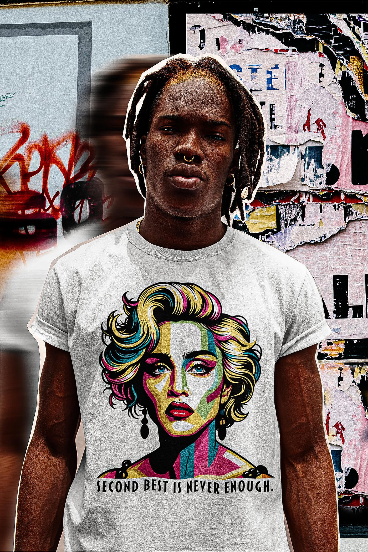 A black man posing at an urban scenery, wearing a 'Second Best Is Never Enough' Madonna t-shirt by Gllamazon. Color: White.