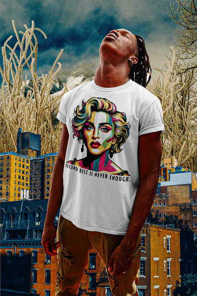 A collage-style picture of a black man wearing a 'Second Best Is Never Enough' Madonna t-shirt by Gllamazon. Color: White.
