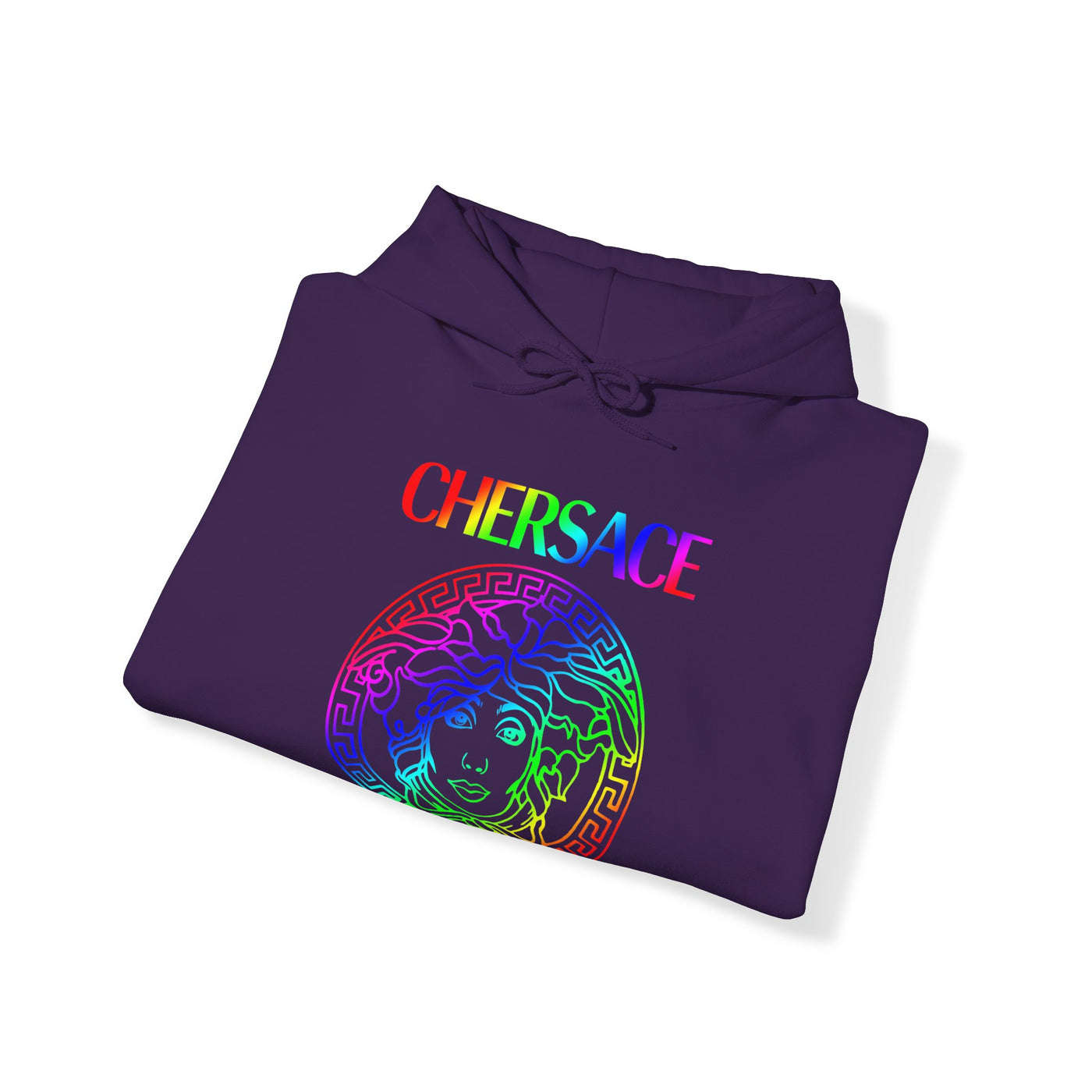 Detail of the Cher CHERSACE Premium Hoodie by Gllamazon. Color: Purple.