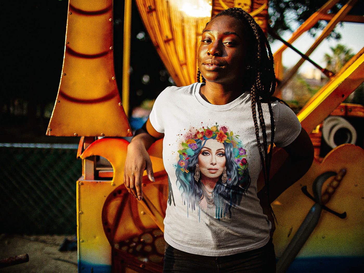 Black young woman with dreadlocks wearing Gllamazon's Cher-ry Blossom Cher T-shirt. Color: White.