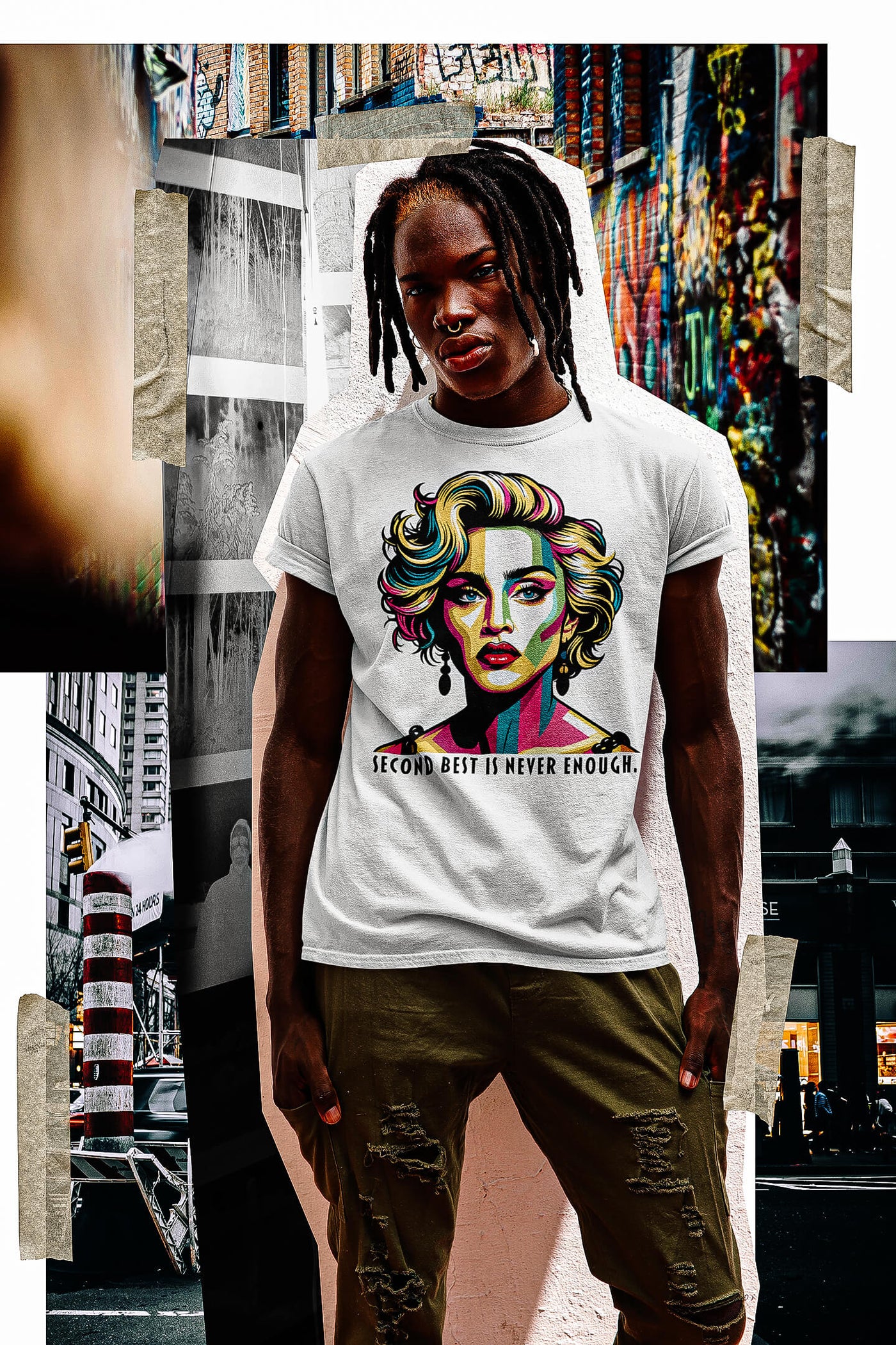 A stylish black man wearing a 'Second Best Is Never Enough' Madonna t-shirt by Gllamazon, featuring a collage background. Color: White.