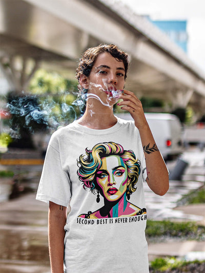 A woman with cigarette smoke surrounding her face, wearing a 'Second Best Is Never Enough' Madonna t-shirt by Gllamazon. Color: White.