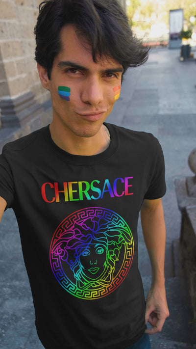 Male model wearing Gllamazon's CHERSACE T-shirt. Color: Black