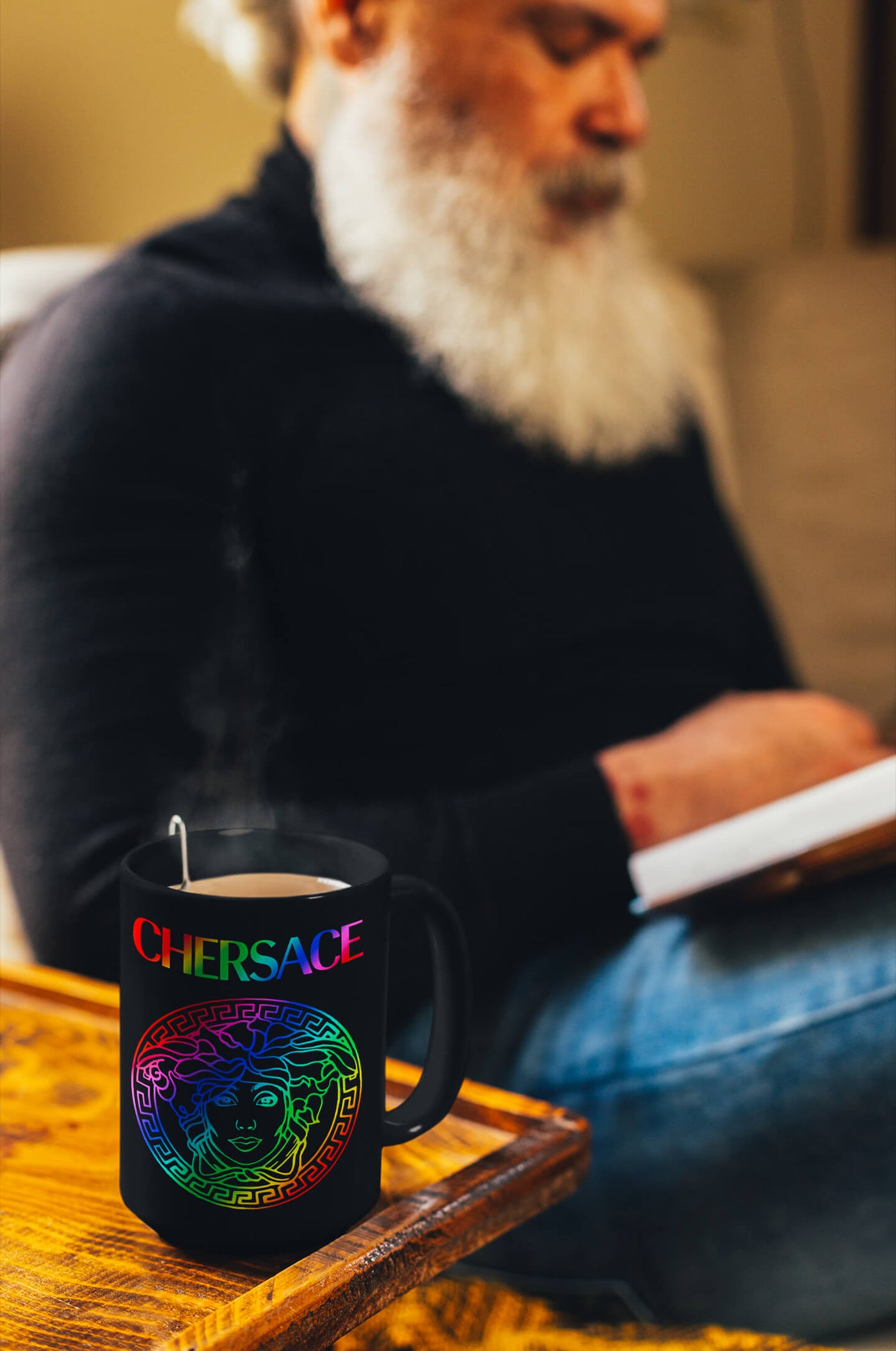 CHERSACE by Gllamazon coffee mug on the corner of a table