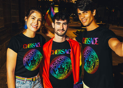 Group of friends wearing Gllamazon's CHERSACE Pride T-Shirt. Color: Black