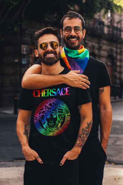 Gay couple wearing Gllamazon's CHERSACE Pride T-Shirt. Color: Black