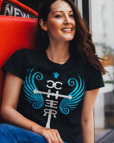 Woman wearing Gllamazon's CHER Fan Club T-shirt.