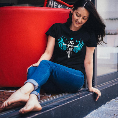 Woman wearing Gllamazon's CHER Fan Club T-shirt.
